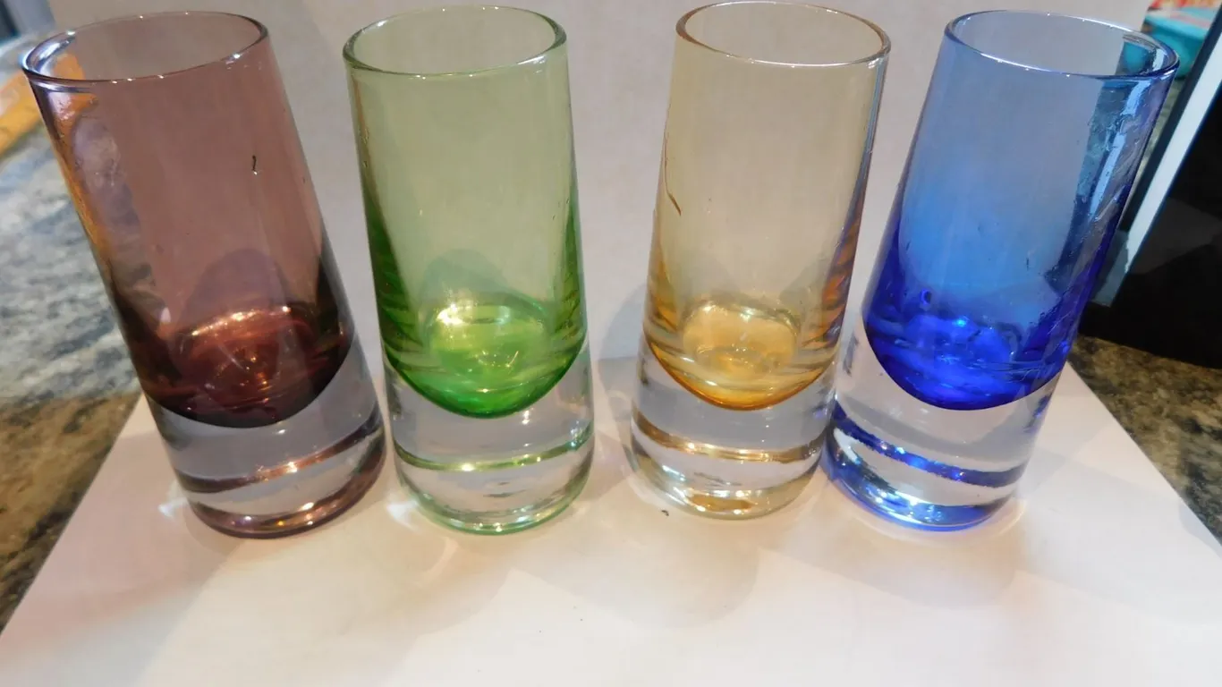 4-THICK BASED ART GLASS SHOT GLASSES, JEWEL COLORED