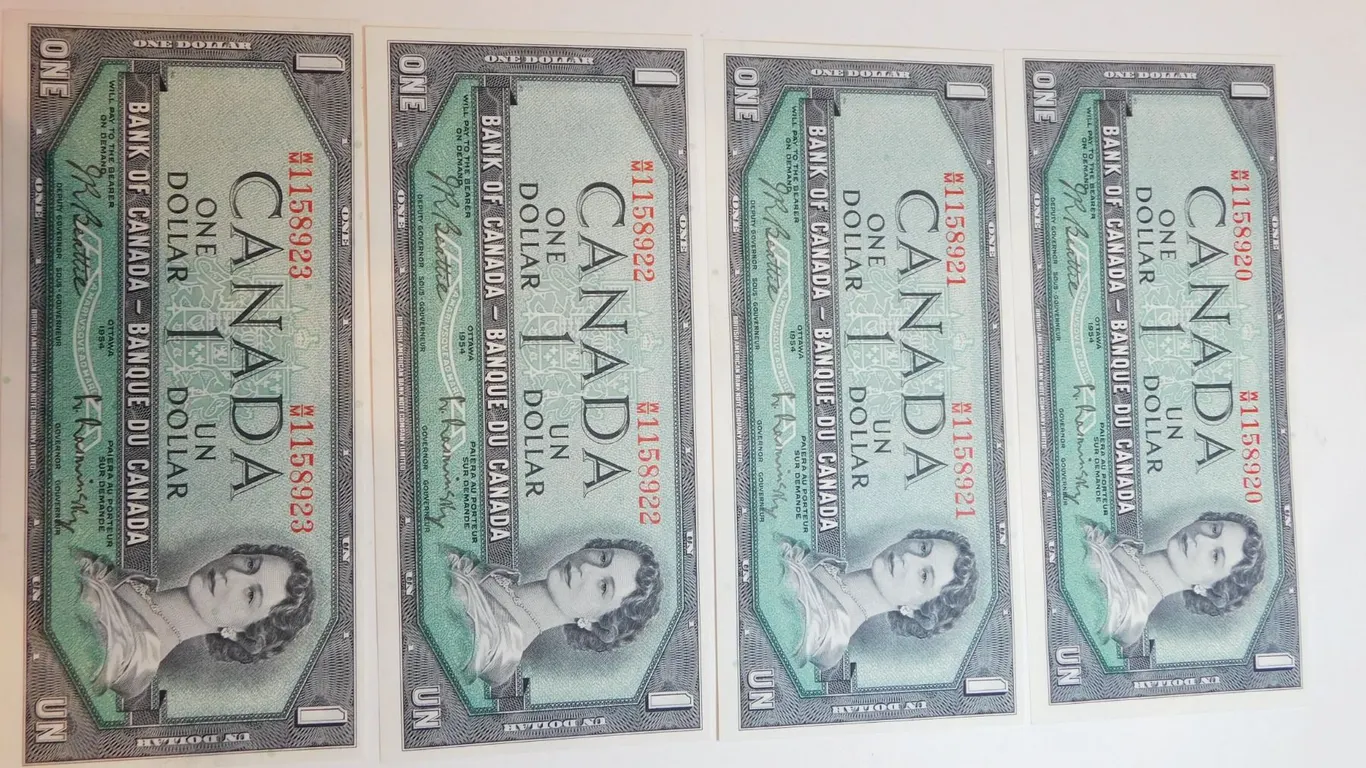 4-CONSEUTIVE 1954 SERIES ONE DOLLAR BILLS, UNC