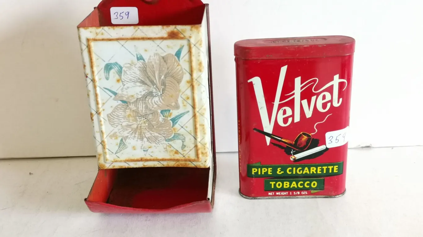 Vintage Matchbox Holder & Velvet Tobacco Tin