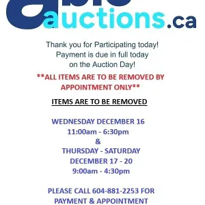 All items must be removed by Wed Dec 16 11am - 6:30pm & Thurs Dec 17 9AM - 4:30 pm by appointment