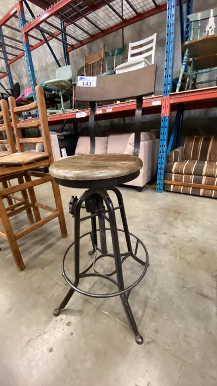 INDUSTRIAL MODERN IRON WORKS WITH WOOD SEAT & BACKREST SWIVEL BAR STOOL