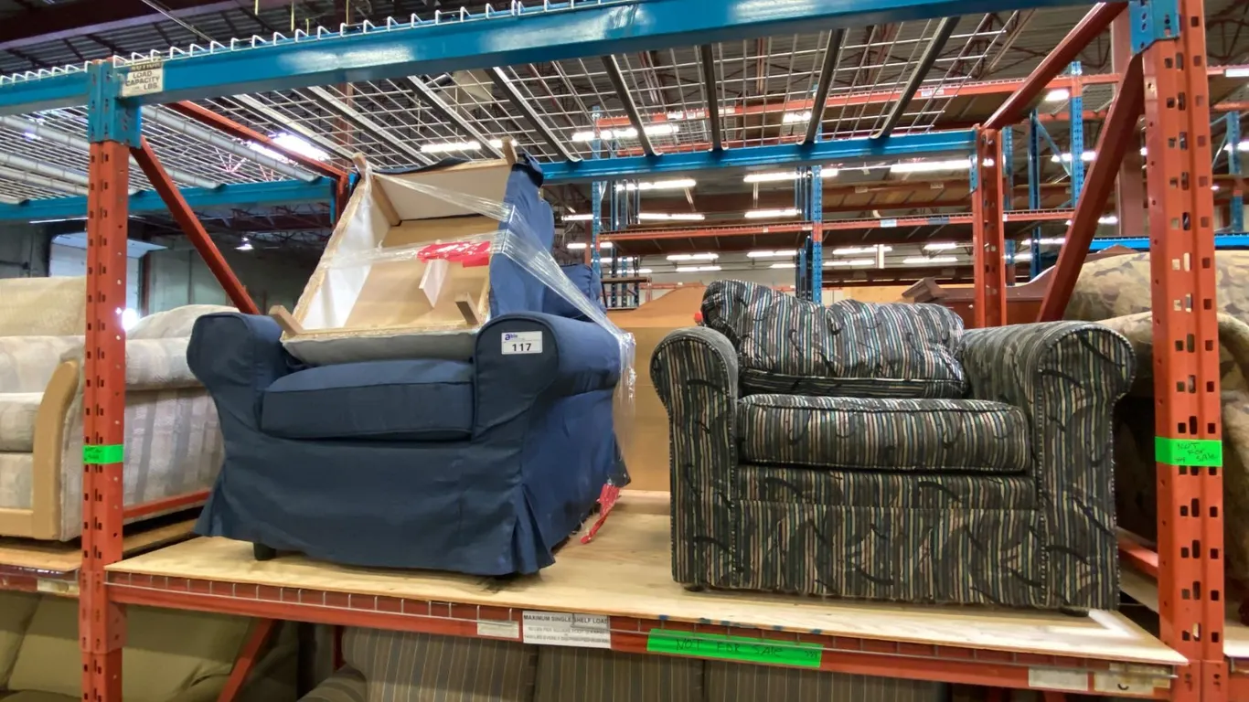 BLUE IKEA CHAIR WITH OTTOMAN AND MULTI-COLOURED LIVING ROOM CHAIR