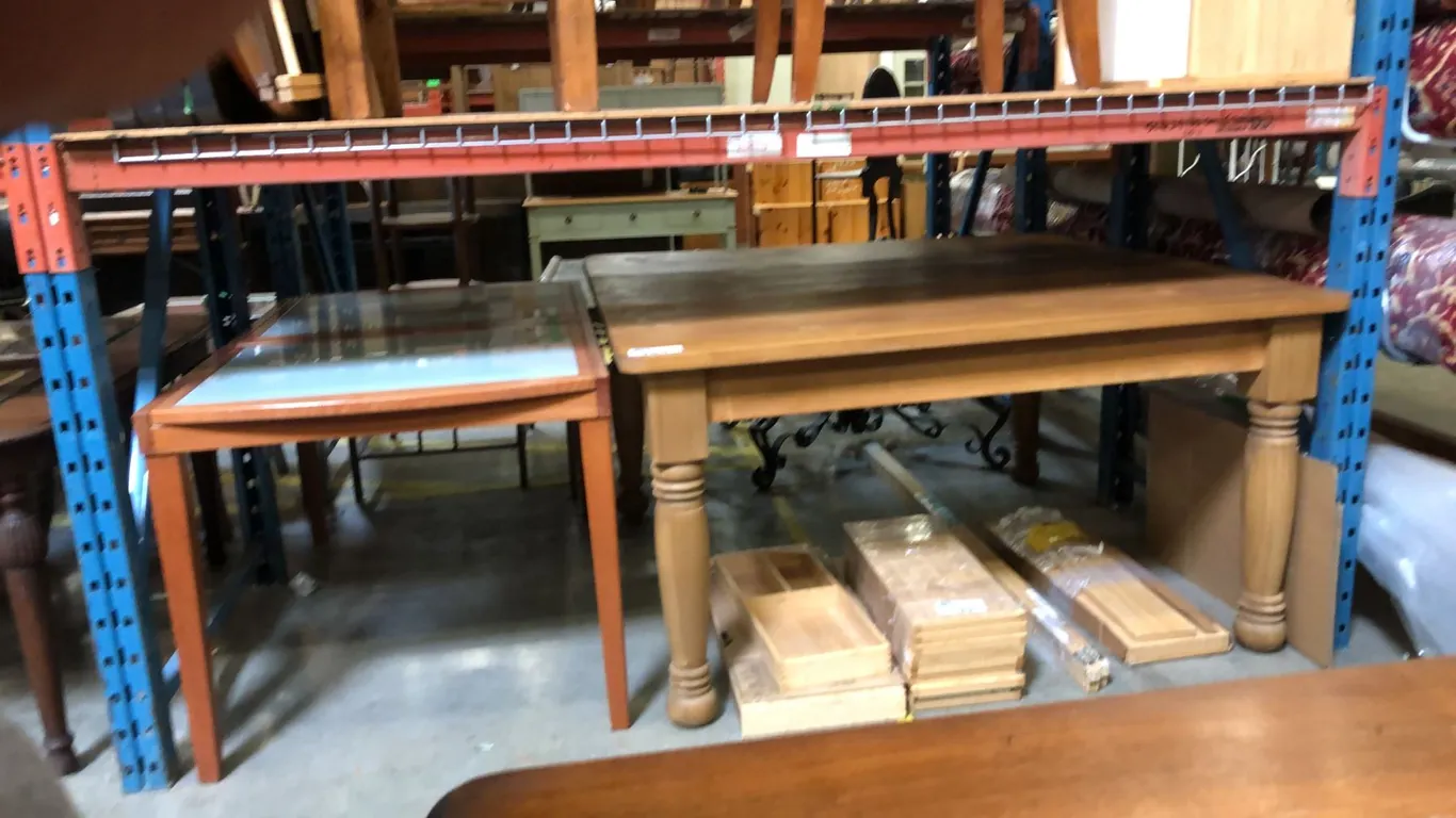 2 DINING TABLES - LARGE SQUARE SOLID PINE TABLE & MAPLE FINISH CONTEMPORARY GLASS TOP INSERT TABLE