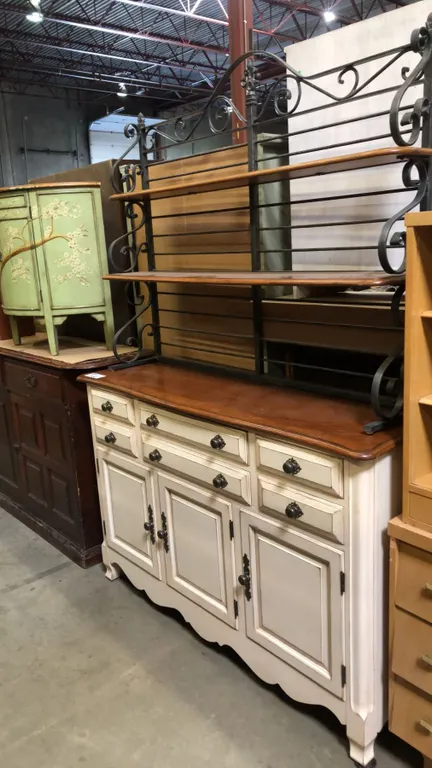 2 PCS. OFF WHITE & NATURAL SIDEBOARD BUFFET CABINET WITH PLATE SHELVES