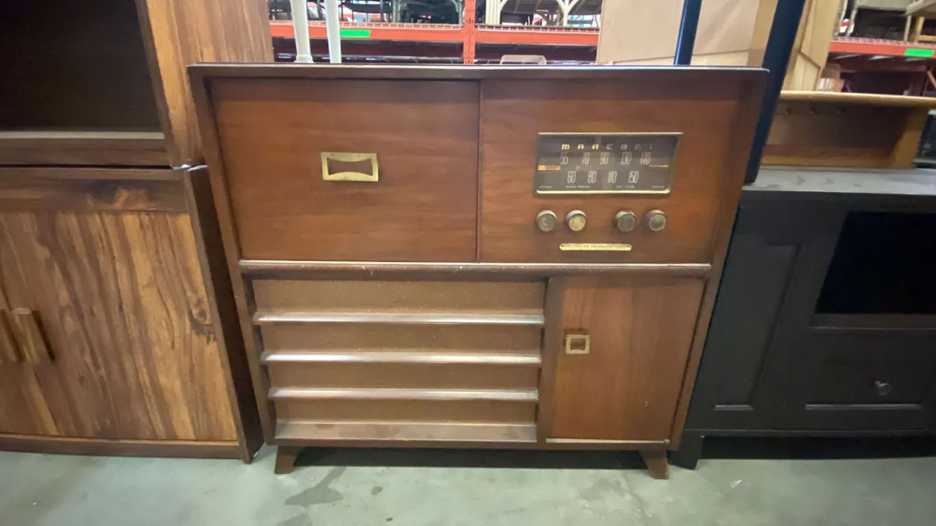 VINTAGE MARCONI SMALL CONSOLE CABINET RADIO WITH RECORD PLAYER