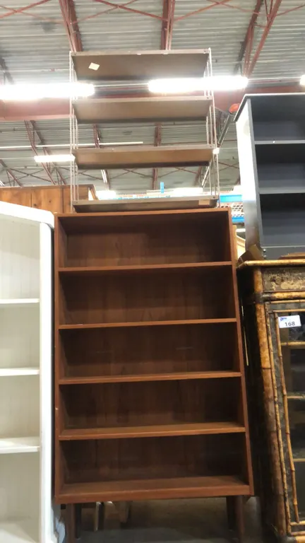 MID CENTURY MODERN TEAK BOOKSHELF AND VINTAGE METAL 4 TIER BOOKSHELF