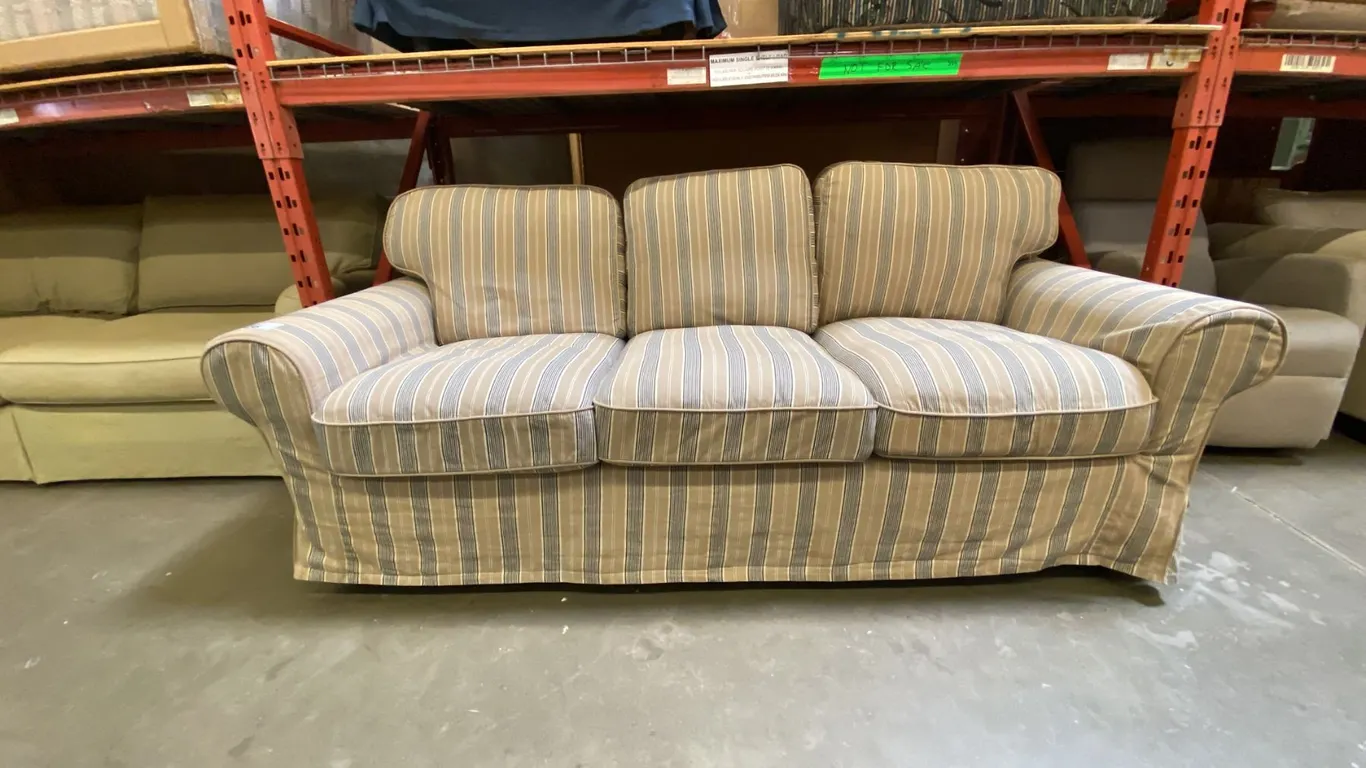 FABRIC UPHOLSTERED BEIGE WITH PIN STRIP PATTERN LIVING ROOM SOFA