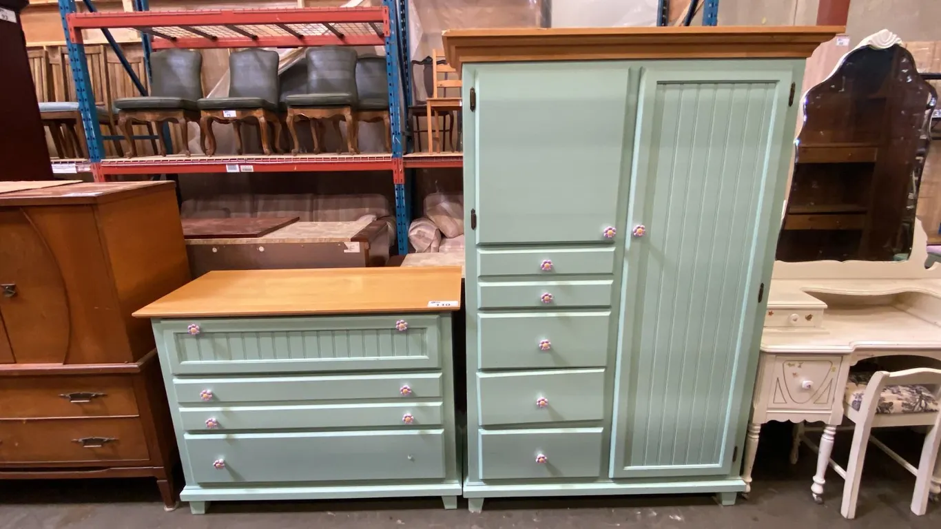 2 PCS. MINT GREEN WITH NATURAL TOP BEDROOM SET - 4 DRAWER ARMOIRE DRESSER AND 3 DRAWER DRESSER