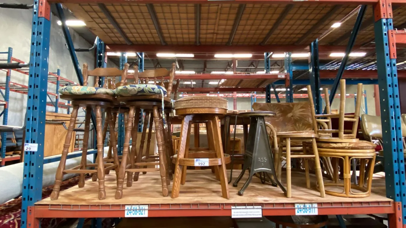 LARGE GROUP OF ASSORTED BAR STOOLS AND RATTAN CHAIR WITH FOOTSTOOL