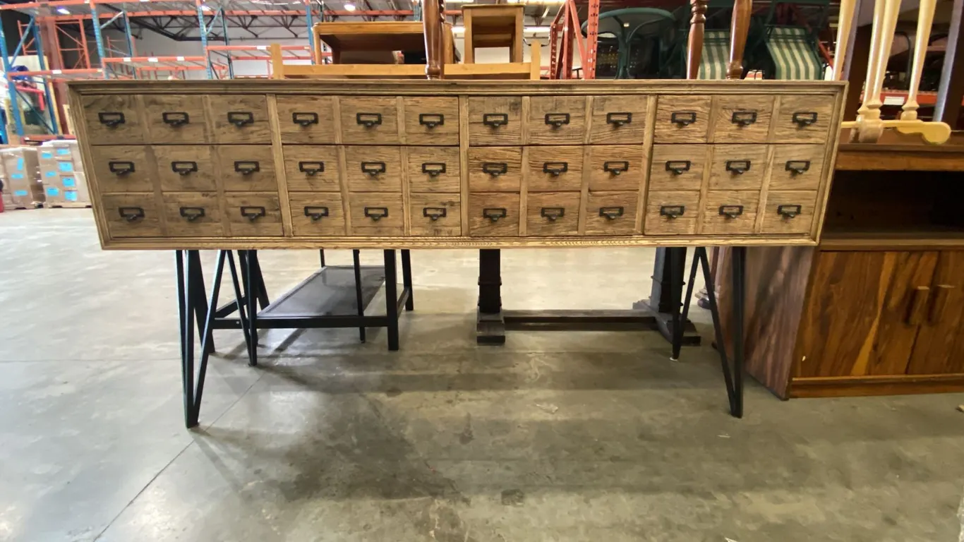 8 DRAWER CONTEMPORARY SOFA/HALL TABLE - SOLID WOOD WITH METAL LEGS AND PIGEON HOLE FILE DRAWER LOOK