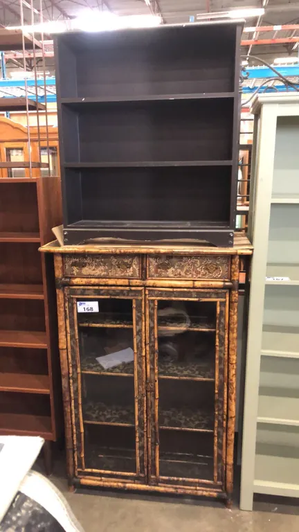 GLASS FRONT 2 DOOR/2 DRAWER BOOKCASE CABINET AND SMALL WOODEN BOOK SHELF