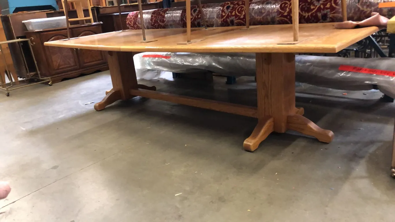 OAK DOUBLE PEDESTAL LARGE DINING TABLE WITH 2 LEAVES - APPROX. 120" FULL LENGTH