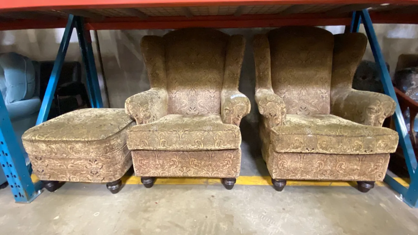 2 OLIVE GREEN FABRIC UPHOLSTERED WINGBACK ARM CHAIRS WITH 1 FOOTSTOOL