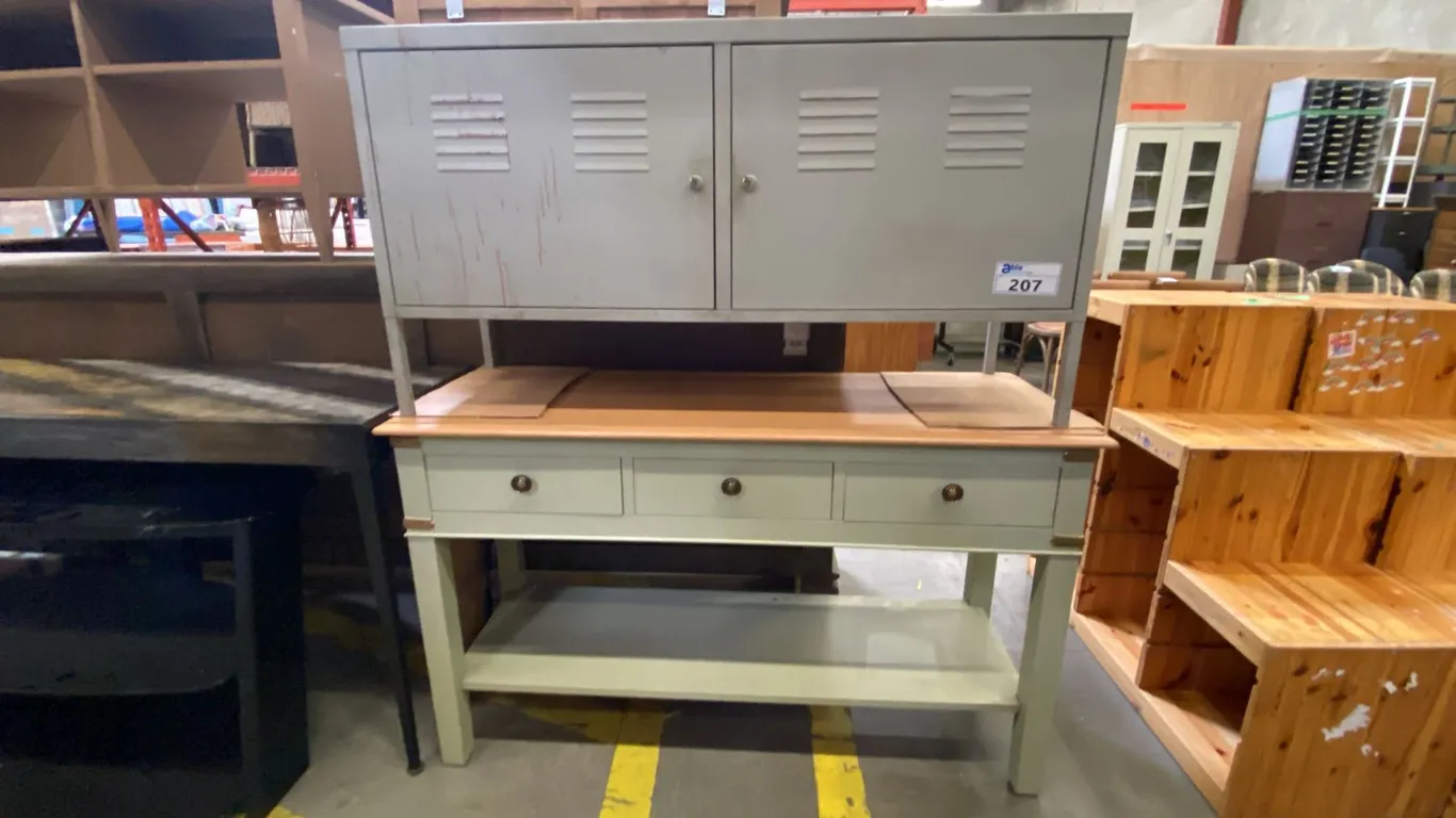 3 DRAWER OLIVE & NATURAL FINISH SOFA TABLE AND METAL 2 DOOR LOCKING CABINET