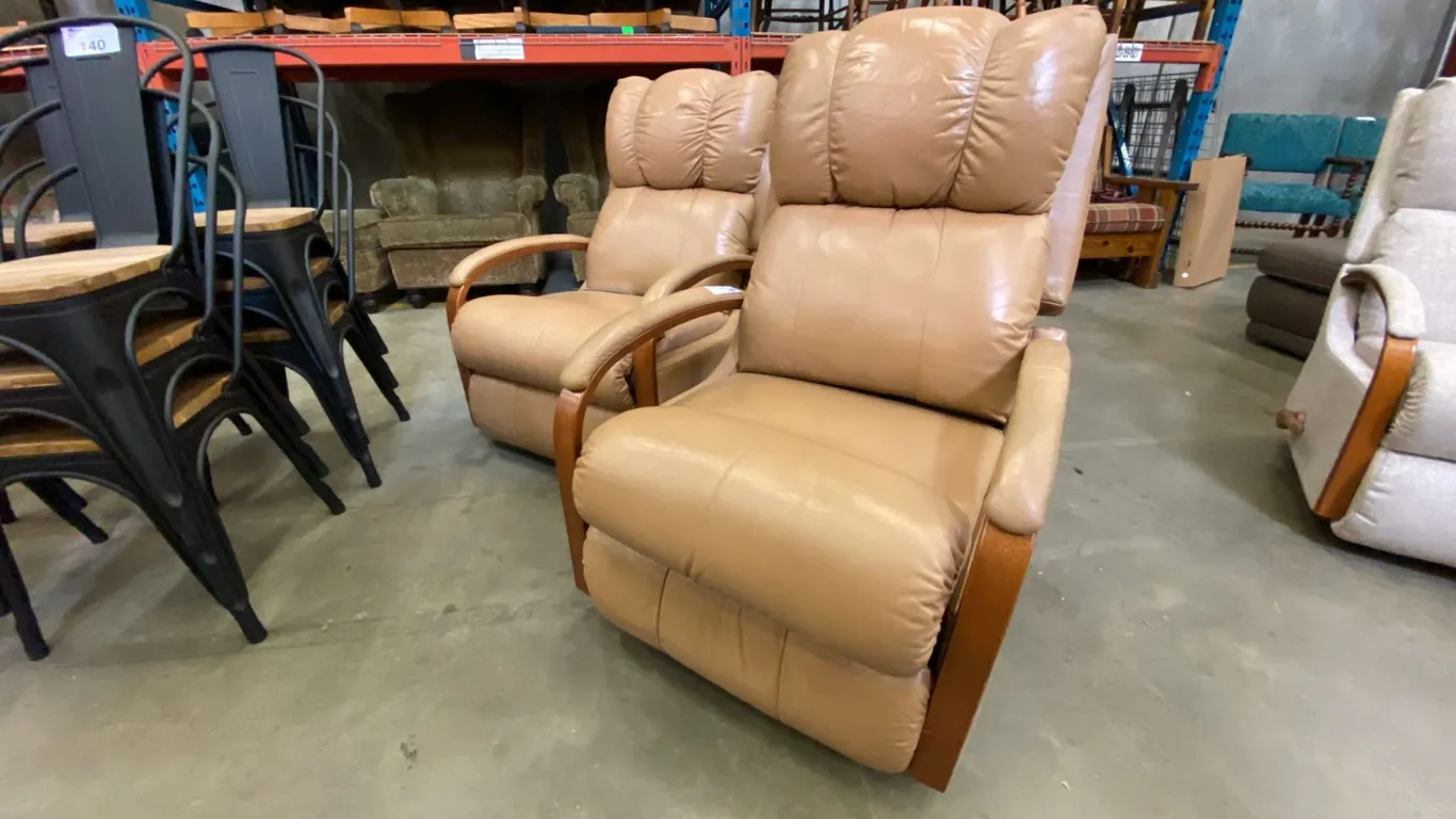 PAIR OF LAZYBOY MOCHA LEATHER UPHOLSTERED ROCKER RECLINERS