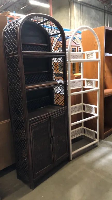 2 RATTAN SHELF UNITS (WHITE ONE MISSING GLASS SHELVES)