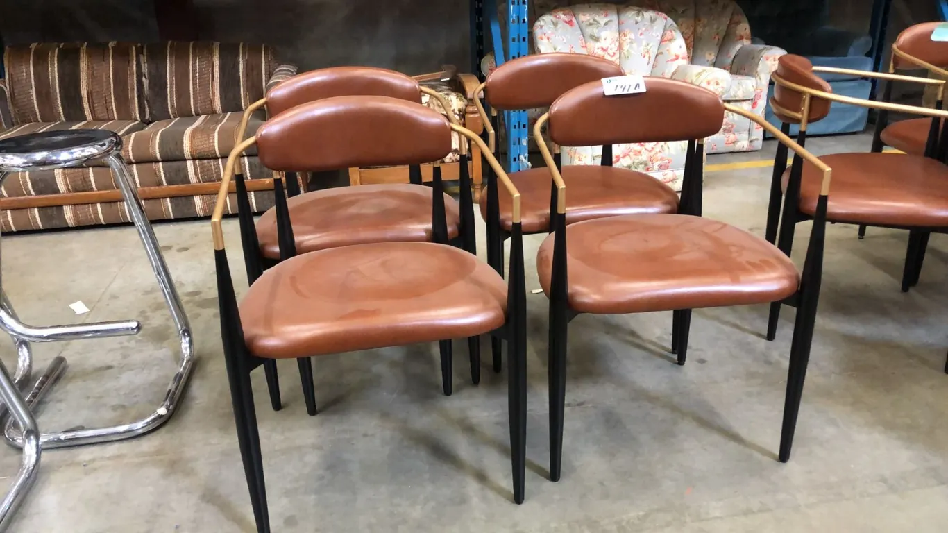 GROUP OF 4 CONTEMPORARY MODERN DINING/SIDE CHAIRS - BLACK & GOLD METAL WITH TAN LEATHER
