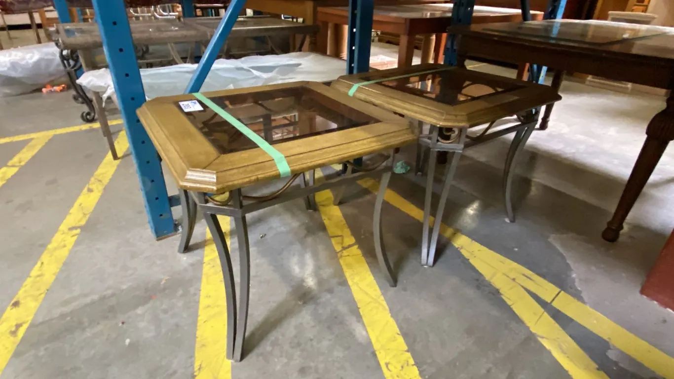 PAIR OF GLASS TOP END TABLES - METAL BASE WITH CRACKLE PAINTED FINISH