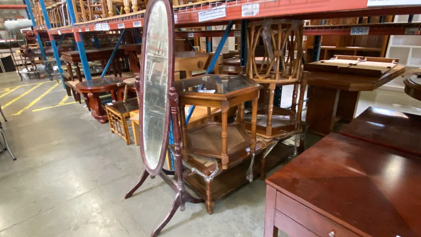 3 PCS. WOOD & RATTAN GLASS TOP COFFEE AND END TABLE SET, RATTAN SIDE TABLE AND MIRROR