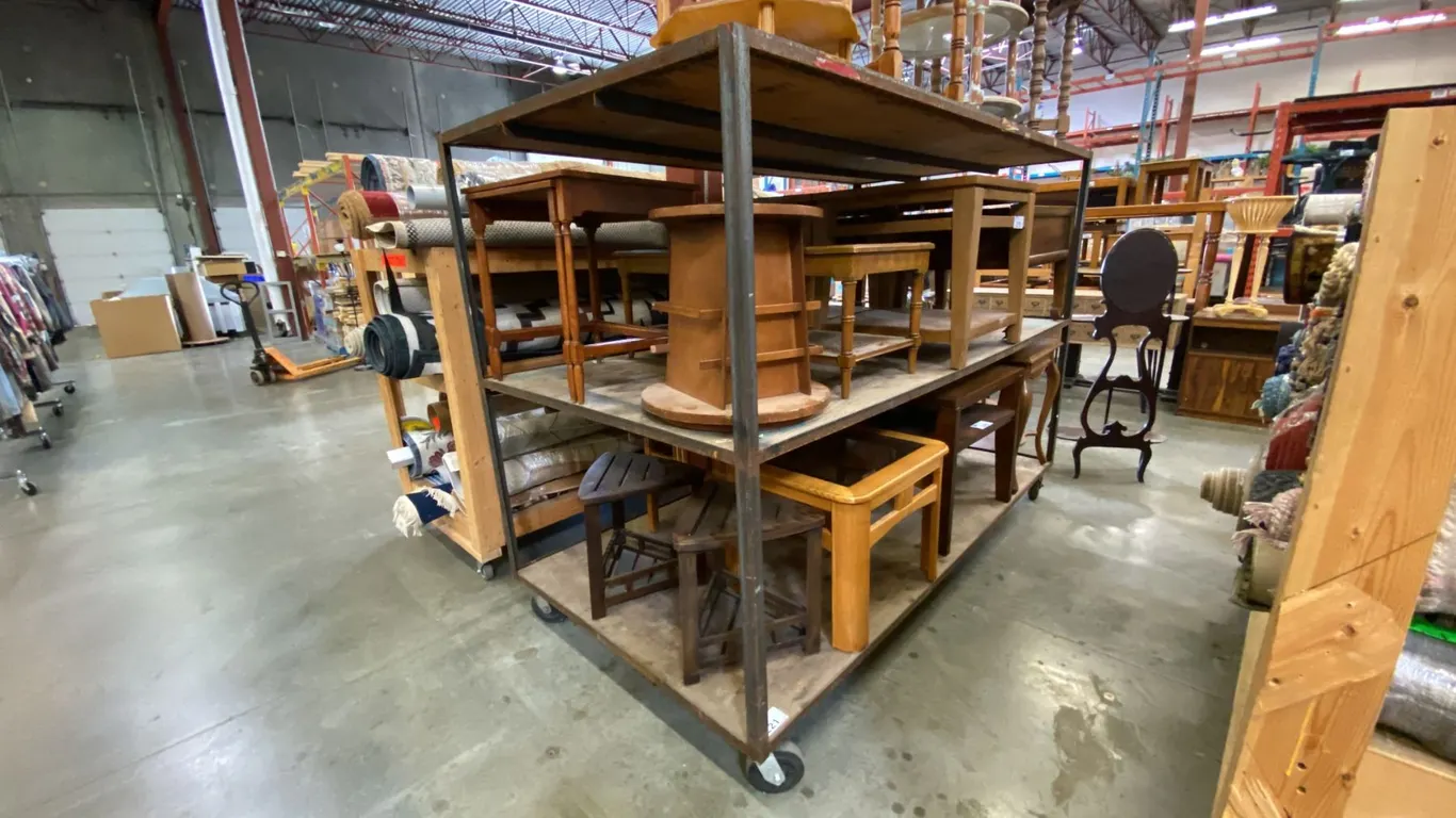 3 TIER METAL FRAMED WITH PLYWOOD SHELVES MOBILE STORAGE SHELF UNIT - APPROX.8FT X 4FT X 5 3/4FT HIGH