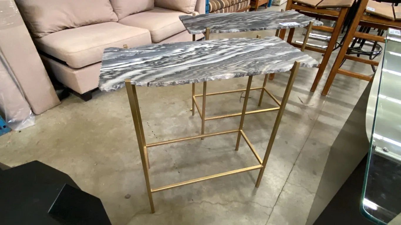 PAIR OF HALL/SOFA TABLES - GREY GRANITE SLAB TOP WITH BRASS LOOK METAL BASES