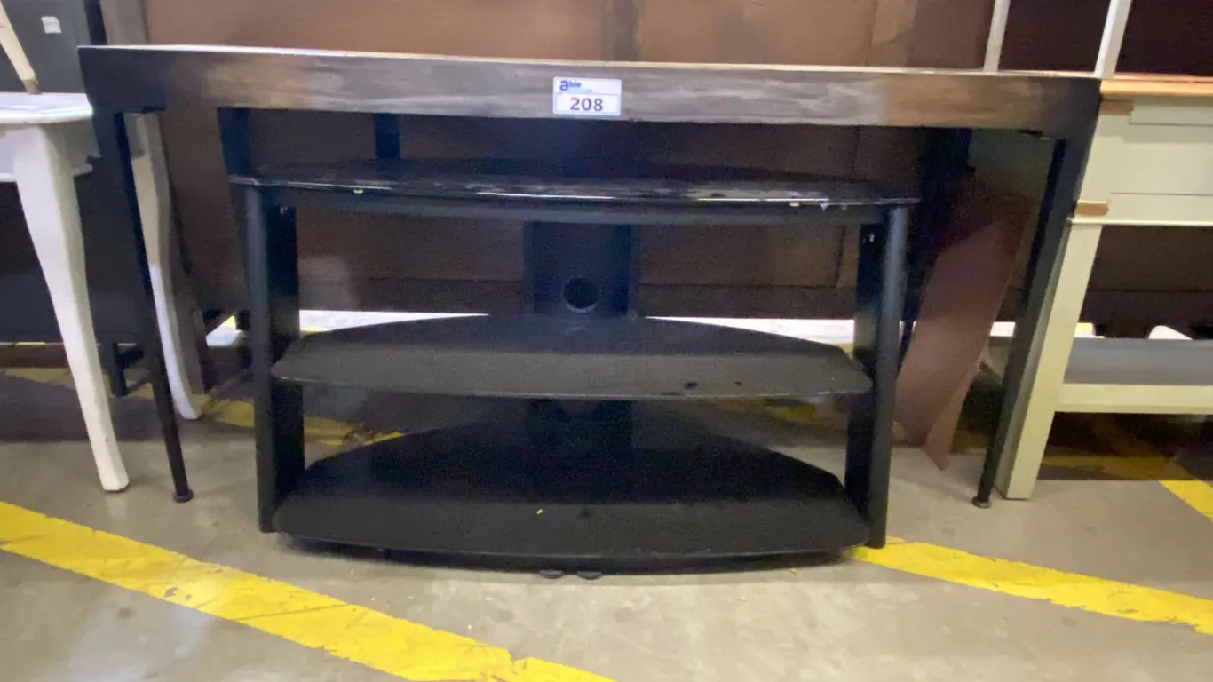 ELEGANT HEAVY SOLID WOOD TOP WITH BLACK METAL LEGS SOFA TABLE AND 3 TIER GLASS & METAL TV STAND