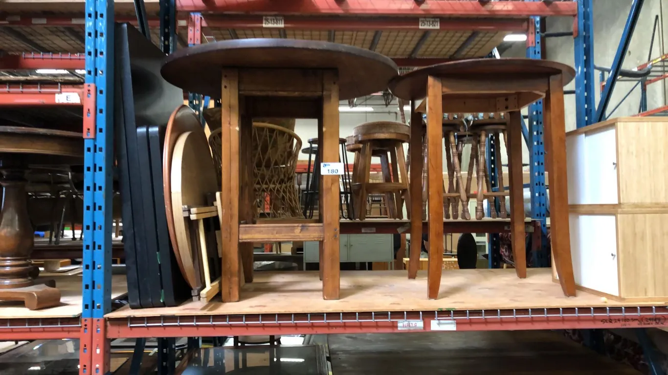 2 ROUND WOODEN BAR TABLES, 2 BAMBOO WALL MOUNT CABINETS AND GROUP OF ASSORTED TABLE TOPS