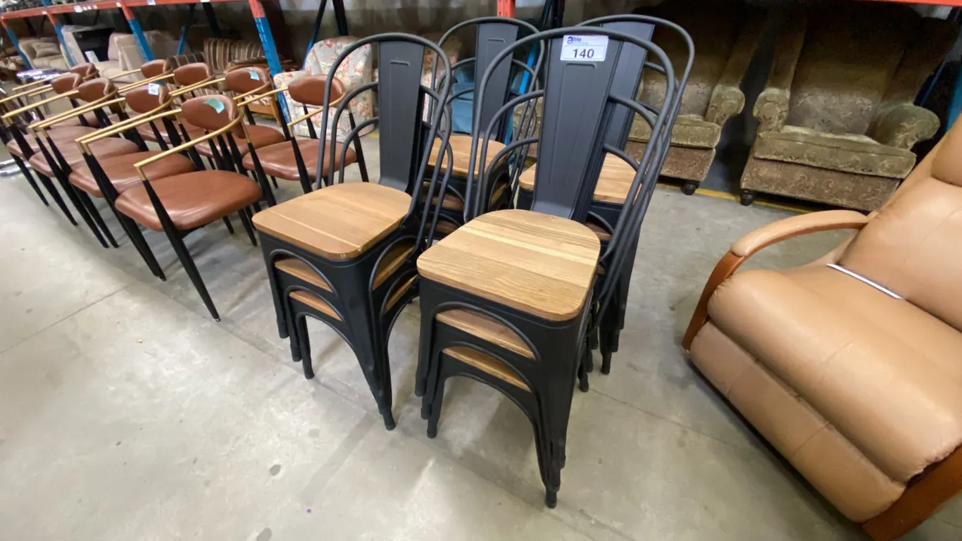 GROUP OF 12 STACKING DINING/SIDE CHAIRS - BLACK METAL WITH WOODEN SEATS