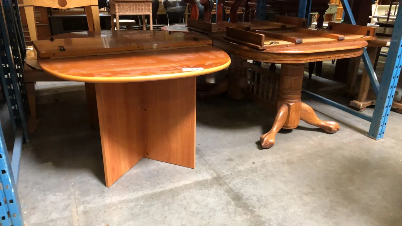 2 DINING TABLES - DOUBLE PEDESTAL OAK WITH 2 LEAVES AND CONTEMPORARY MAPLE FINISH WITH ONE LEAF