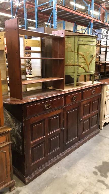ANTIQUE 2 DOOR/3 DRAWER SIDEBOARD BUFFET, PAINTED FLORAL D-CABINET AND SMALL BOOKSHELF
