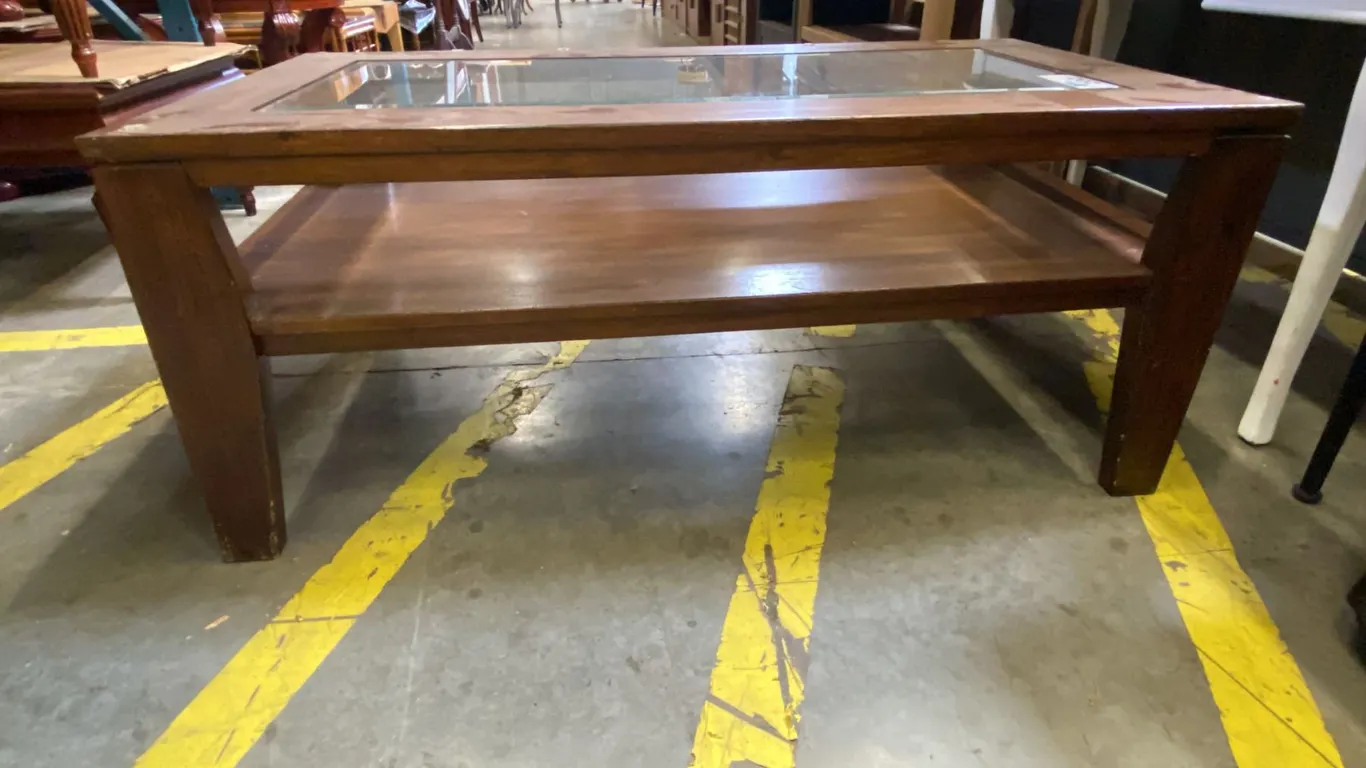 DARK MAHOGANY FINISH RECTANGULAR GLASS TOP COFFEE TABLE