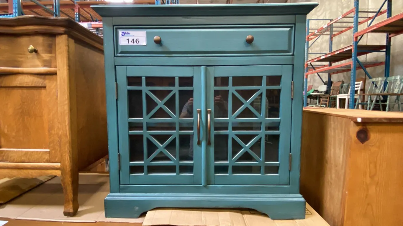 CONTEMPORARY GLASS FRONT 2 DOOR/1 DRAWER TEAL FINISH CABINET