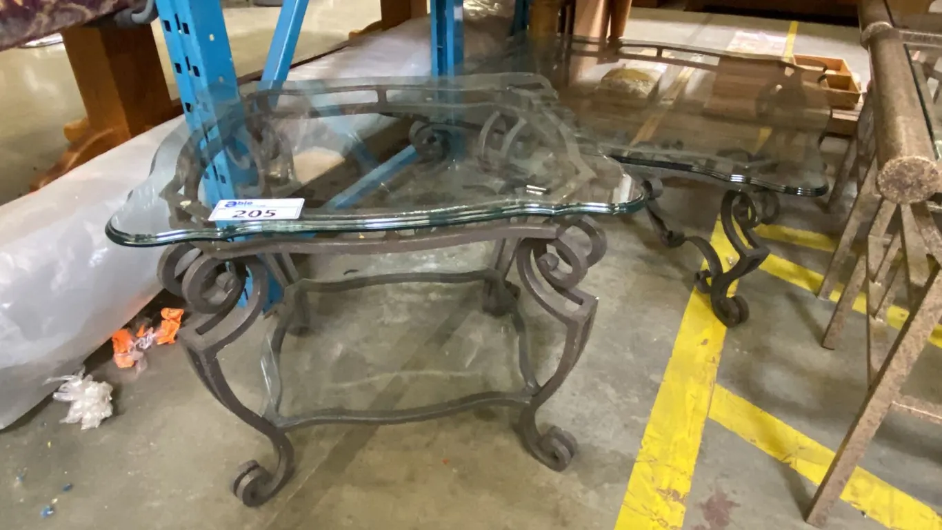 2 PCS. HEAVY IRON BASE WITH GLASS TOPS COFFEE AND END TABLE SET