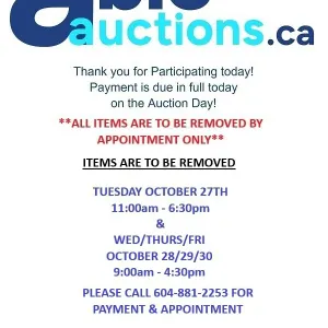 Removal is by appointment only. Tues Oct 27th 11am-6:30pm & Wed Oct 28th 9am-4:30pm