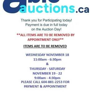 All items must be removed by Wed Nov 18 11am - 6:30pm & Thurs Nov 19 9AM - 4:30 pm by appointment