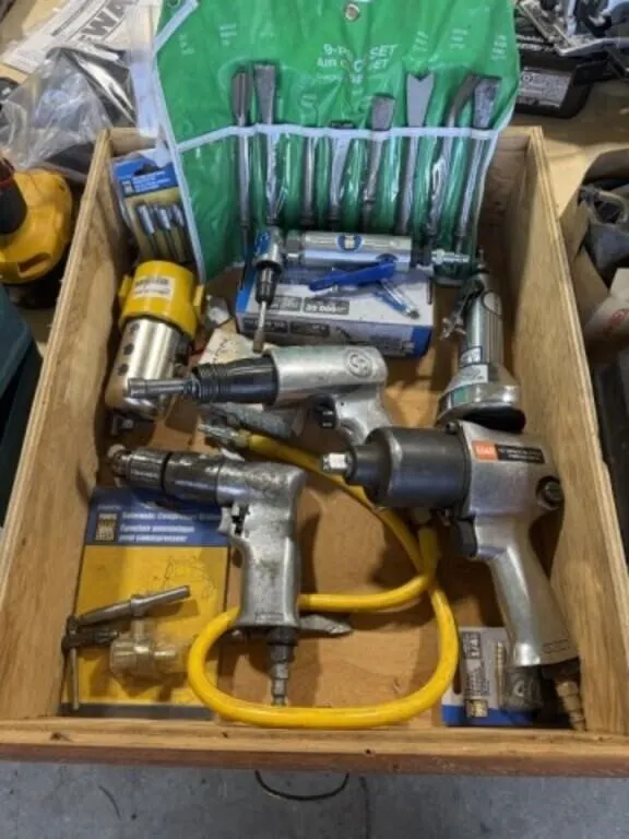 Wooden Box of Misc Air Tools - as below