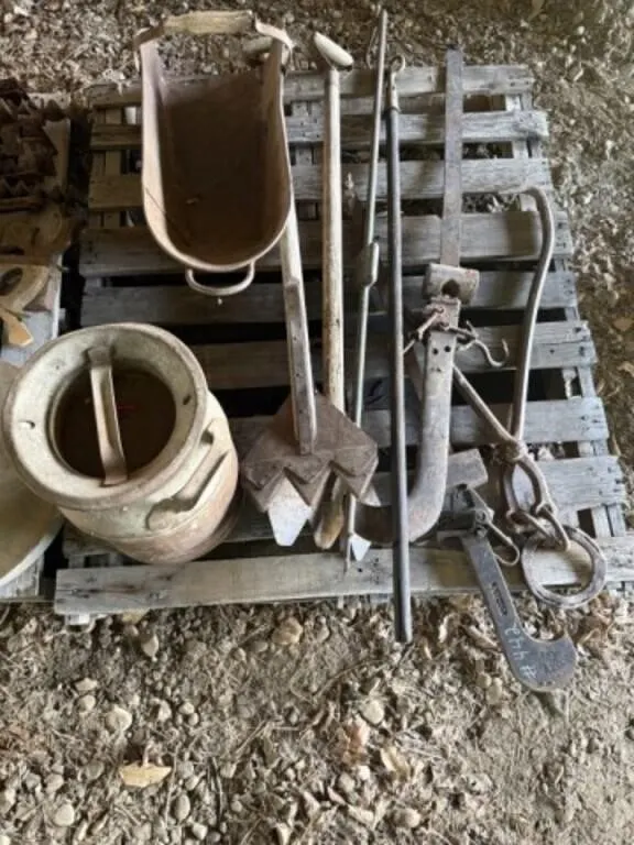 Pallet of Cream Can, Beam Scales, Logging Tongs