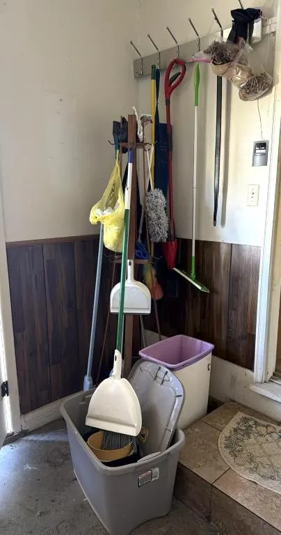 Wall Hall Tree, Plastic Tote, Brooms, and More