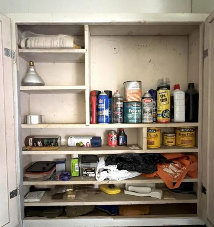 Contents of Garage Cabinets : Stains, Screws,
