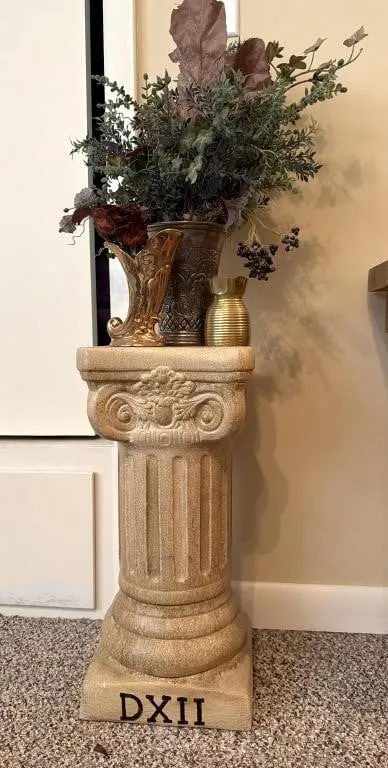 Pillar Plant Stand, Brass Vase, Metal Vase, and