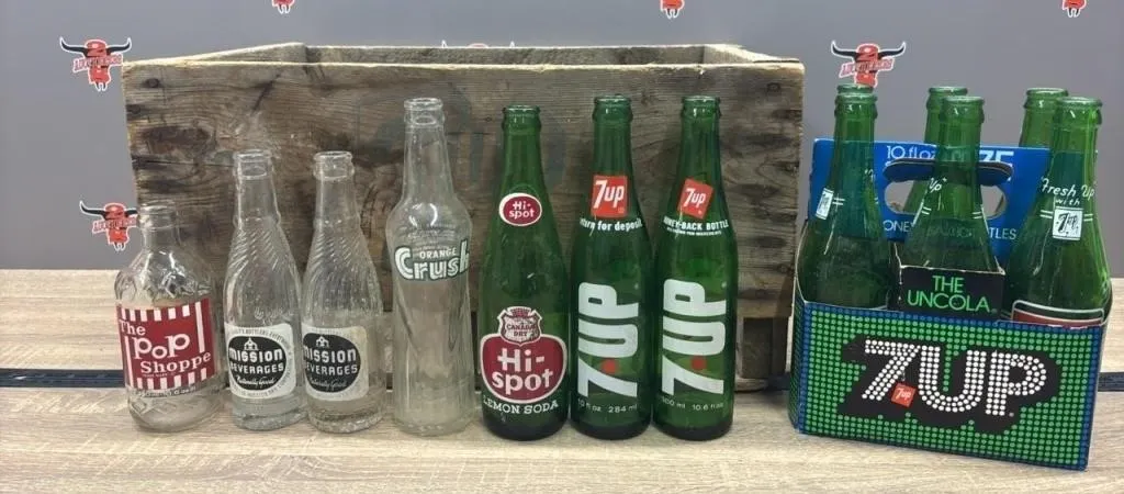 Vintage Asst. Glass Pop Bottles & Wooden 7-UP