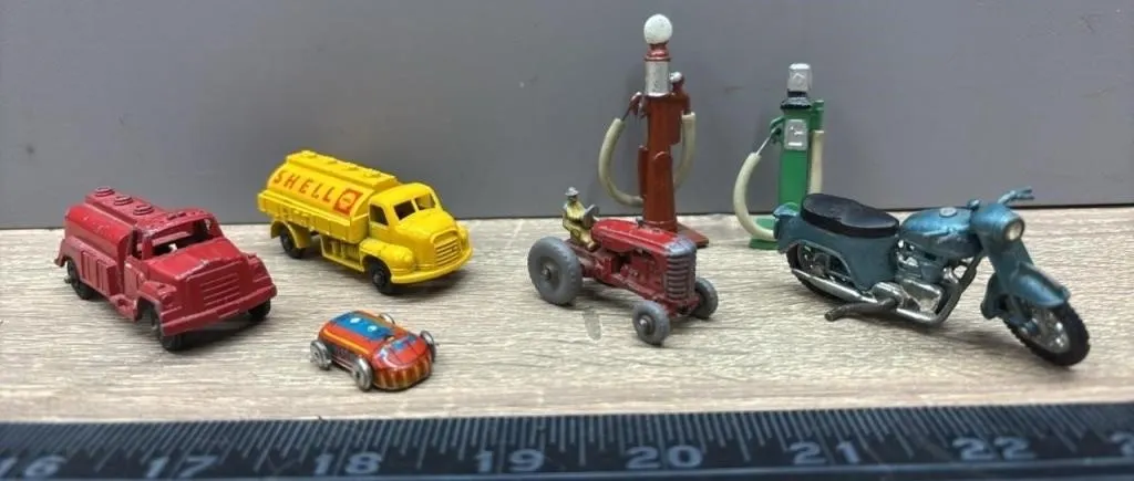 Antique Tiny Metal Fuel Trucks, Gas Bar & Asst.