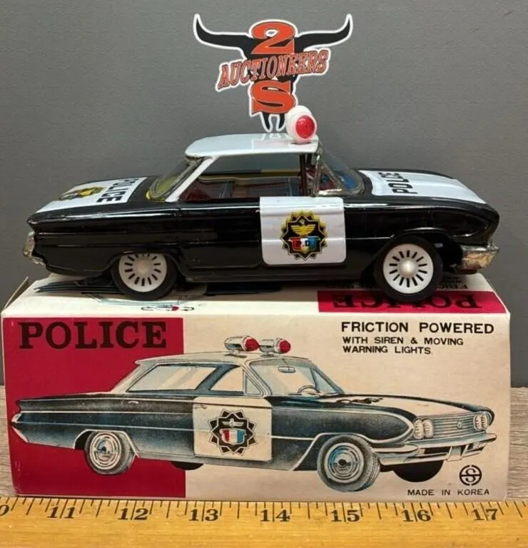 Police Car Tin Friction Toy w/Original Box.
