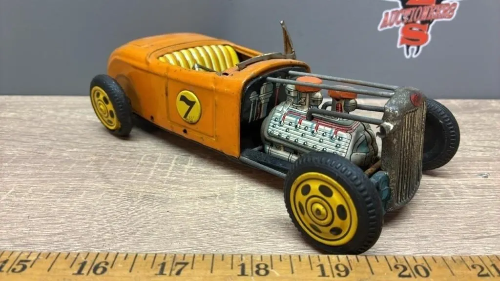Tin Hot Rod Toy. Windshield Needs Repair.