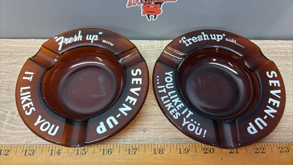 2 Brown Glass 7-UP Ashtrays.