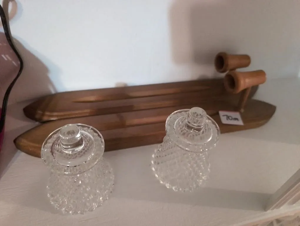 Pair wood sconces with vintage clear votive cups