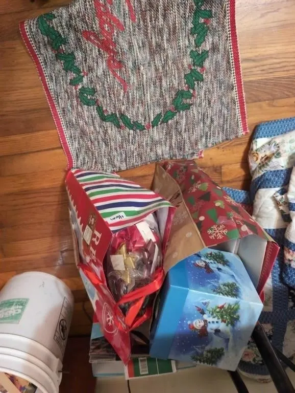 Christmas bags, boxes, rug