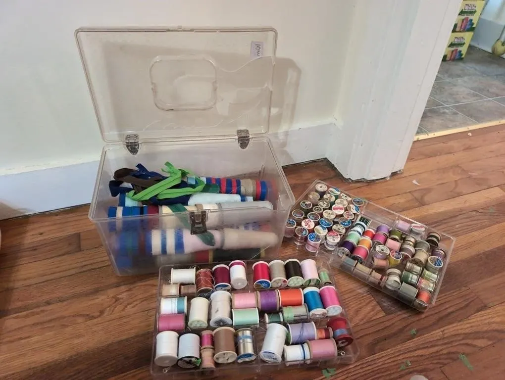 Sewing supplies, thread, etc, box is busted