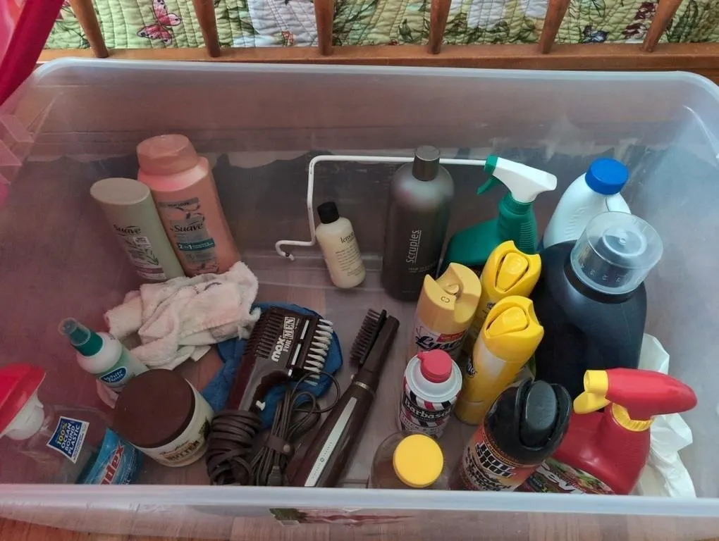 Tote, lid, cleaning and bathroom supplies