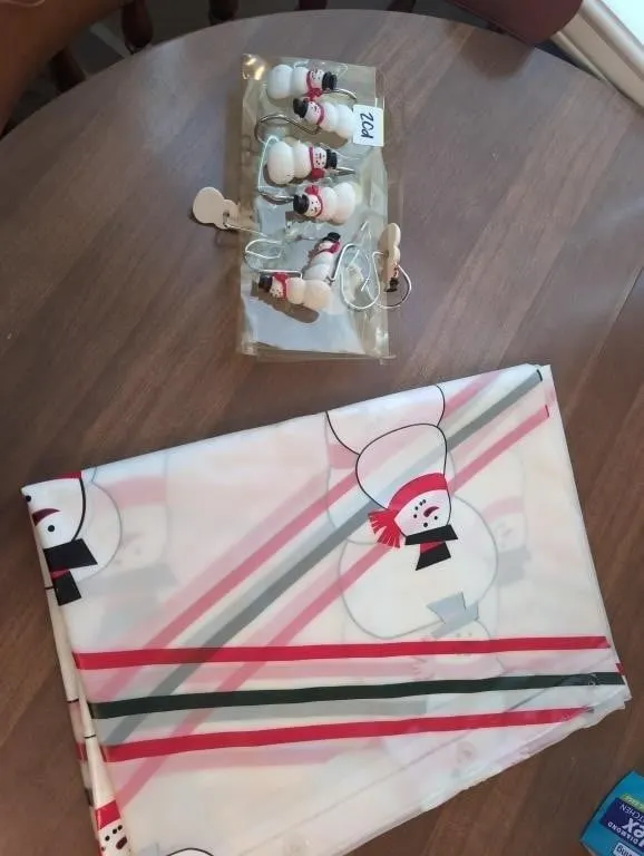 Snowman shower curtain and hooks
